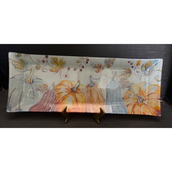 Fall Harvest Pumpkins Glass Serving Tray by Primo Designs 16” - Picture 2 of 5